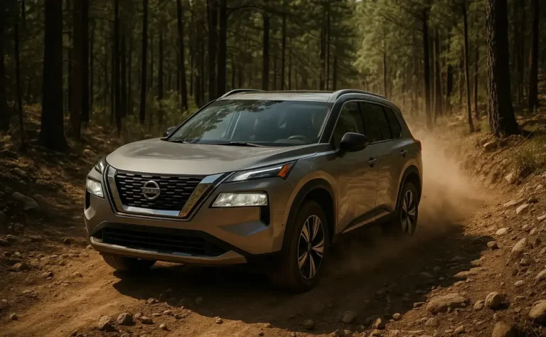 Nissan Rogue Shown in Boulder Gray color Drive off-road on the Dirt