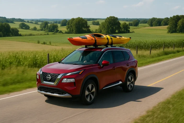Scarlet Ember Color Nissan Rogue Hauling Kayak on The Roof Rack